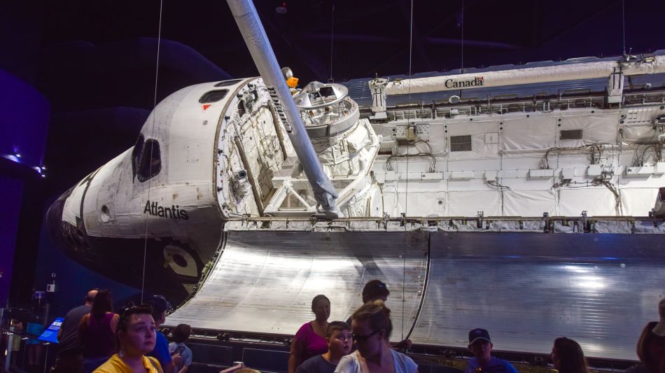 The Space Shuttle Atlantis, left side, showing the crew cabin and the forward portion of the open cargo bay.